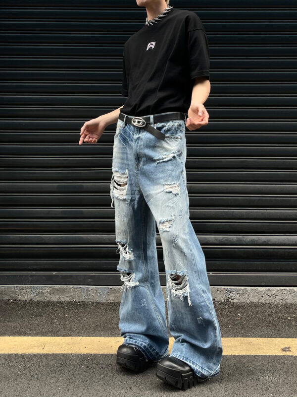 distressed micro flare jeans – 2000s style ripped denim with vintage wash