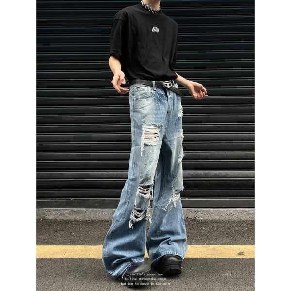 distressed micro flare jeans – 2000s style ripped denim with vintage wash