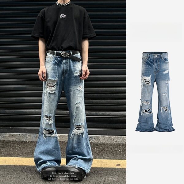 distressed micro flare jeans – 2000s style ripped denim with vintage wash